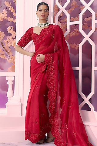 Red Pure Organza Cutwork Embroidered Saree Set by Label Ankush Jain