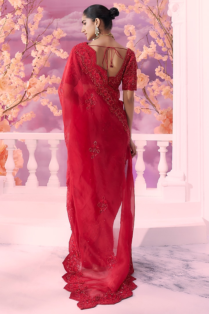 Red Pure Organza Cutwork Embroidered Reception Saree Set by Label Ankush Jain at Pernia's Pop Up Shop
