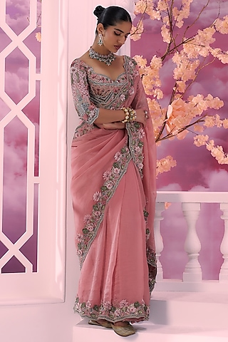 Pink Pure Organza Lotus Motif Embroidered Saree Set by Label Ankush Jain