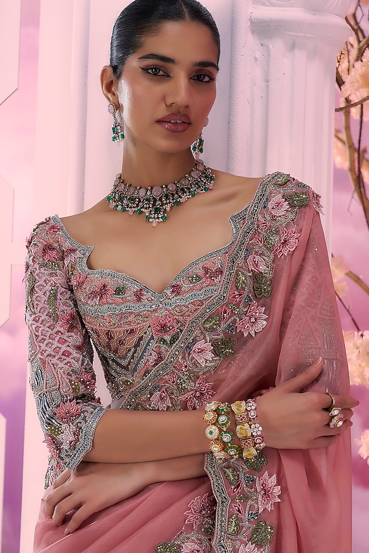 Pink Pure Organza Lotus Motif Embroidered Reception Saree Set by Label Ankush Jain at Pernia's Pop Up Shop