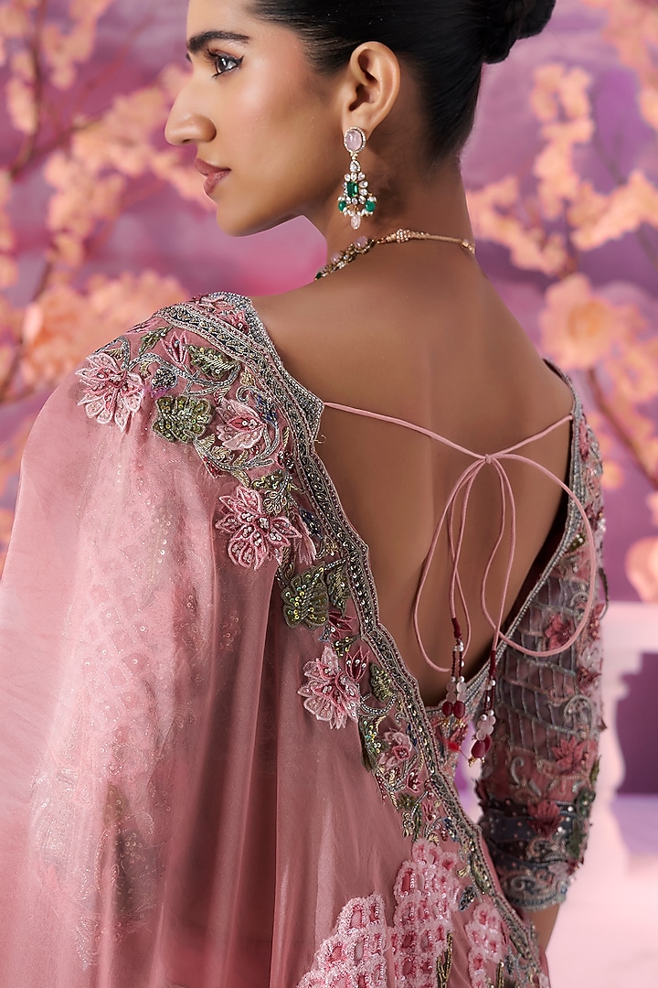 Pink Pure Organza Lotus Motif Embroidered Reception Saree Set by Label Ankush Jain at Pernia's Pop Up Shop