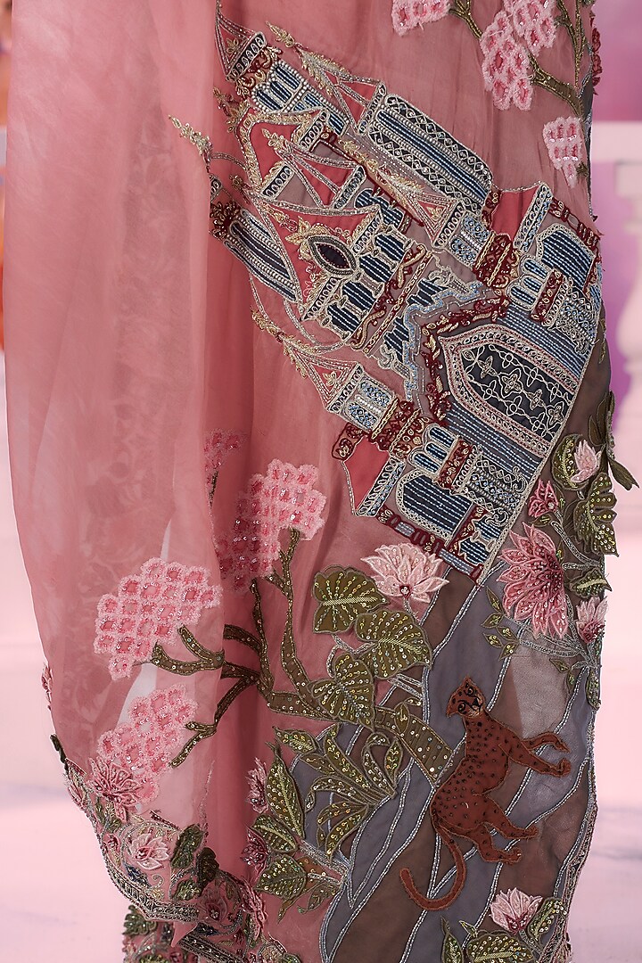 Pink Pure Organza Lotus Motif Embroidered Reception Saree Set by Label Ankush Jain at Pernia's Pop Up Shop
