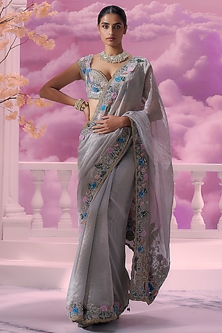 Grey Pure Zari Tissue 3D Embroidered Saree Set by Label Ankush Jain