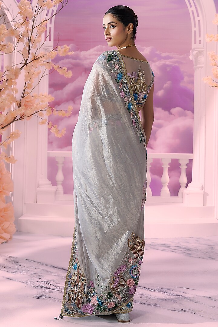 Grey Pure Zari Tissue 3D Embroidered Reception Saree Set by Label Ankush Jain at Pernia's Pop Up Shop