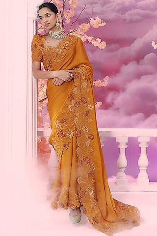 Orange Satin Organza 3D Embroidered Saree Set by Label Ankush Jain
