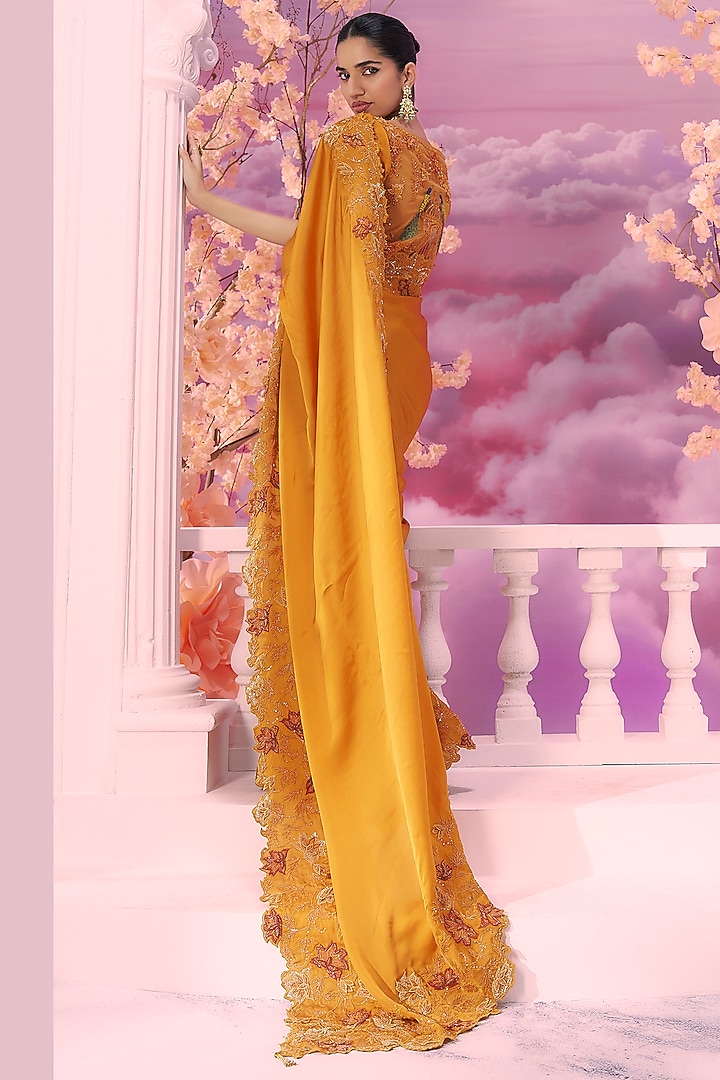 Orange Satin Organza 3D Embroidered Reception Saree Set by Label Ankush Jain at Pernia's Pop Up Shop
