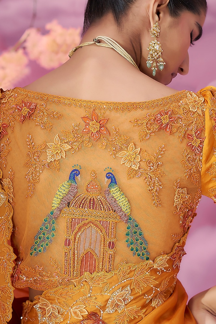 Orange Satin Organza 3D Embroidered Reception Saree Set by Label Ankush Jain at Pernia's Pop Up Shop