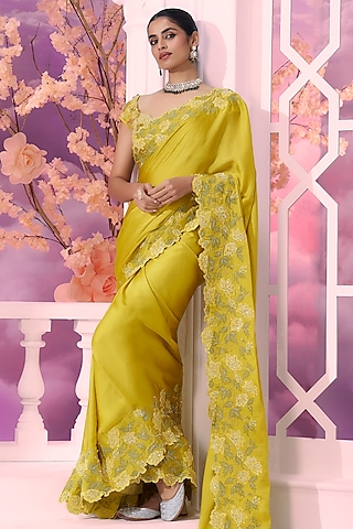 Yellow Satin Organza 3D Embroidered Saree Set by Label Ankush Jain