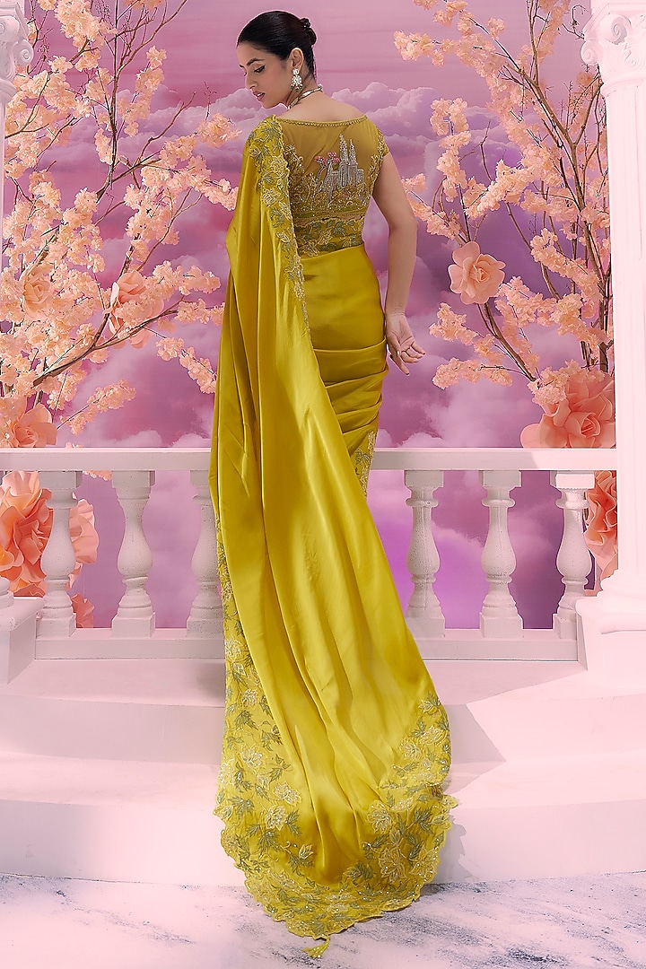 Yellow Satin Organza 3D Embroidered Reception Saree Set by Label Ankush Jain at Pernia's Pop Up Shop