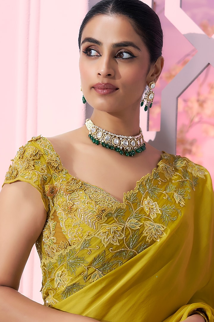 Yellow Satin Organza 3D Embroidered Reception Saree Set by Label Ankush Jain at Pernia's Pop Up Shop