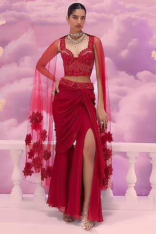 Red Satin Organza Pleated Sharara Set by Label Ankush Jain
