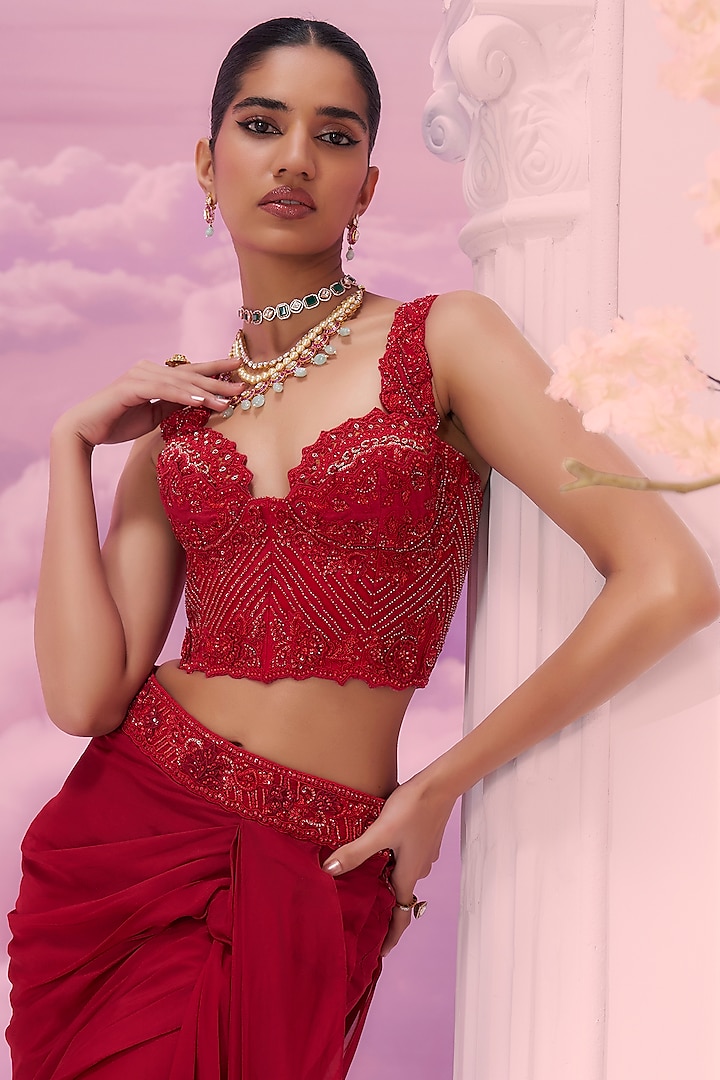 Red Satin Organza Pleated Wedding Sharara Set by Label Ankush Jain at Pernia's Pop Up Shop