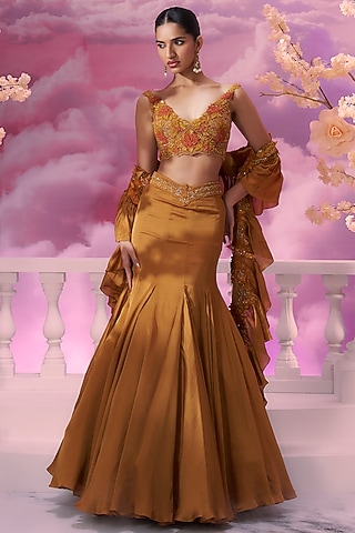 Jasper Orange Satin Organza Mermaid Skirt Set by Label Ankush Jain