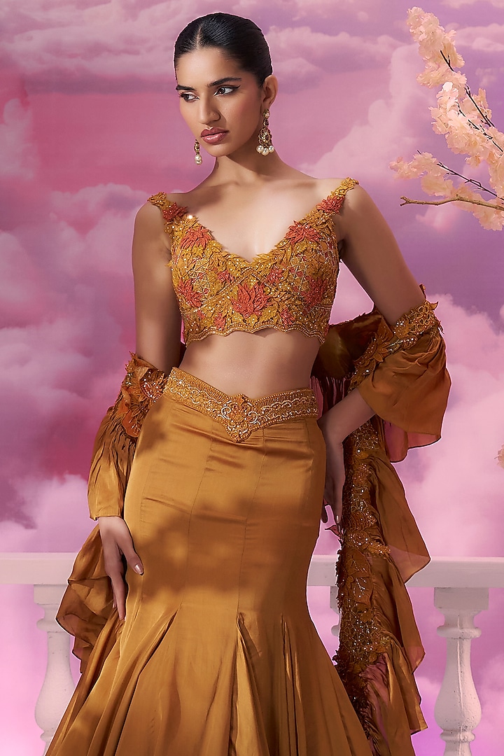 Jasper Orange Satin Organza Mermaid Skirt Set by Label Ankush Jain at Pernia's Pop Up Shop