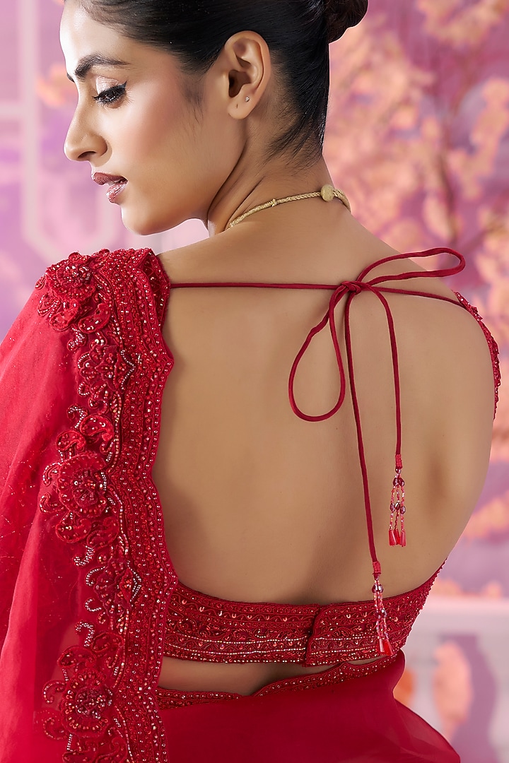 Red Pure Organza 3D Embroidered Reception Saree Set by Label Ankush Jain at Pernia's Pop Up Shop