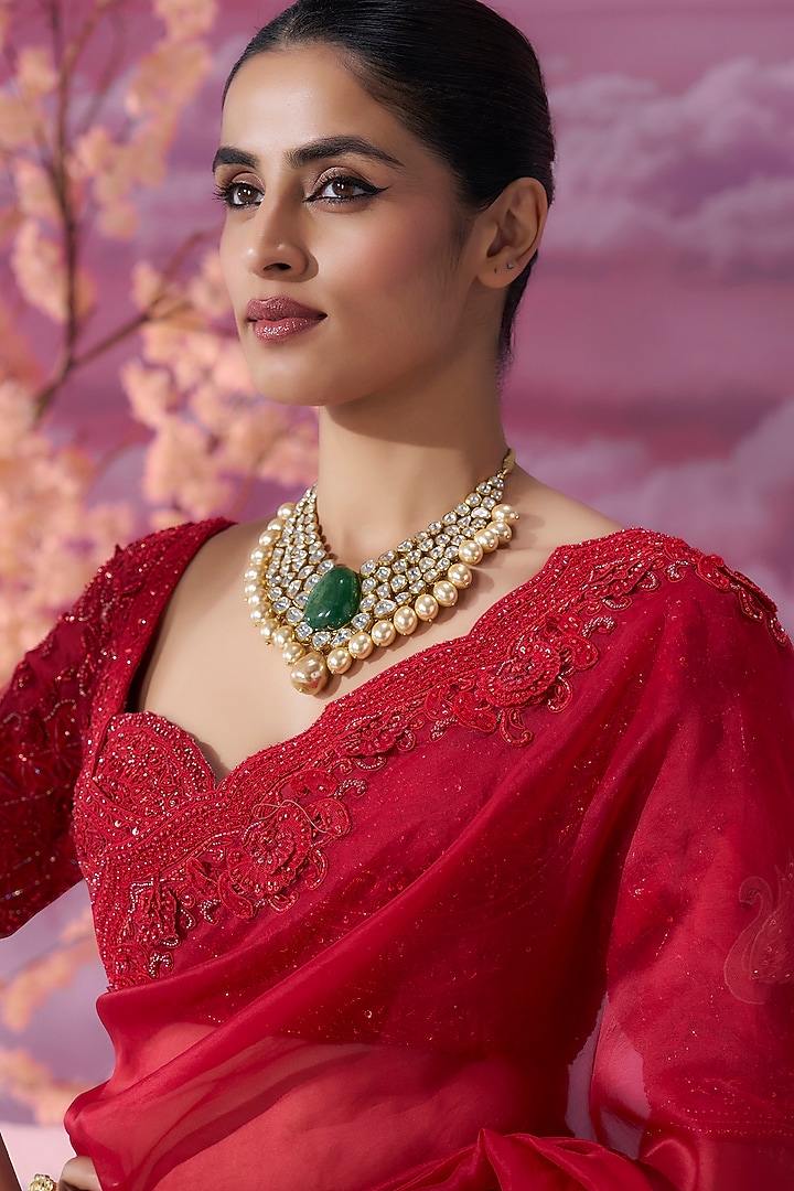 Red Pure Organza 3D Embroidered Reception Saree Set by Label Ankush Jain at Pernia's Pop Up Shop