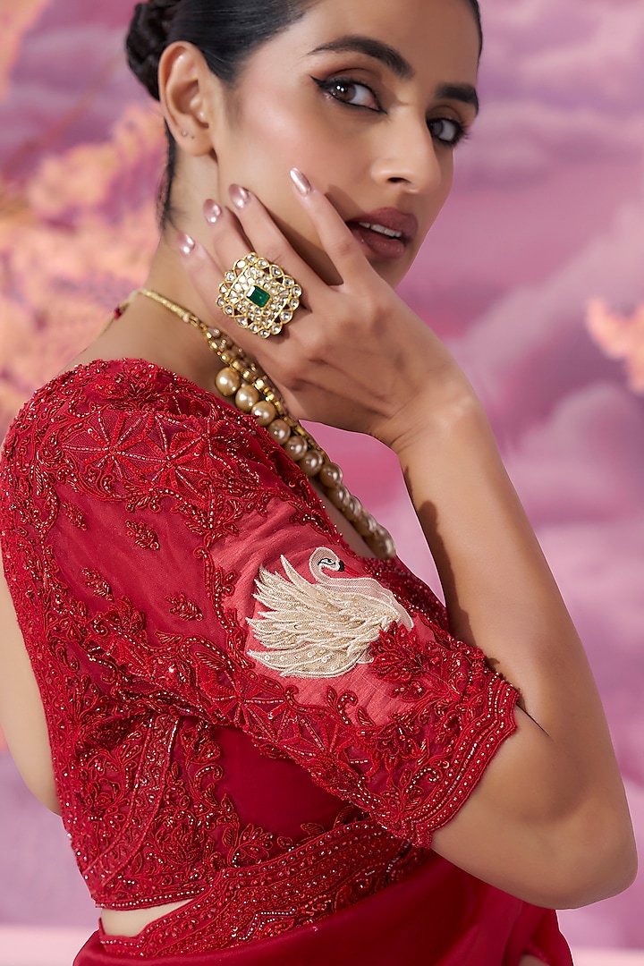 Red Pure Organza 3D Embroidered Reception Saree Set by Label Ankush Jain at Pernia's Pop Up Shop