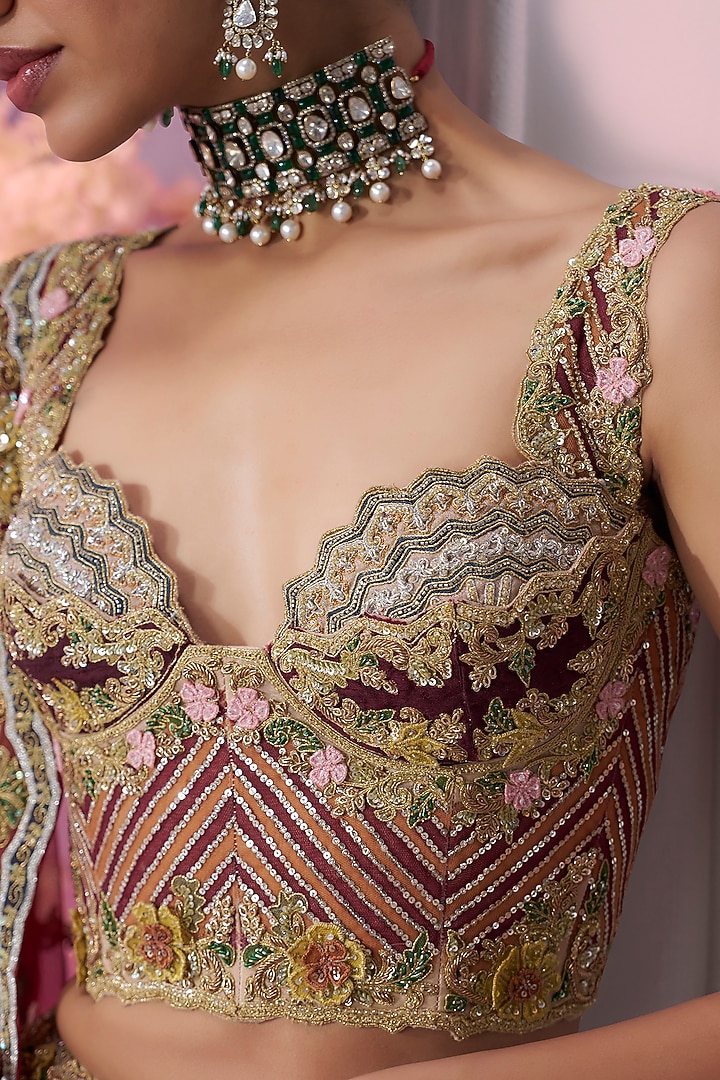 Brown Tissue Motif Embroidered Bridal Lehenga Set by Label Ankush Jain at Pernia's Pop Up Shop