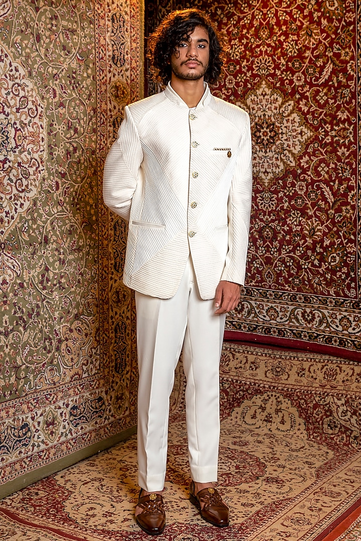 White Crepe Embellished Bandhgala Jacket Set by Ankur J Men
