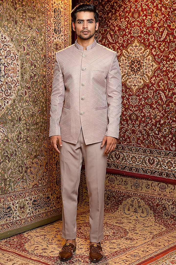 Fossil Dove Silk Embroidered Bandhgala Jacket Set by Ankur J Men