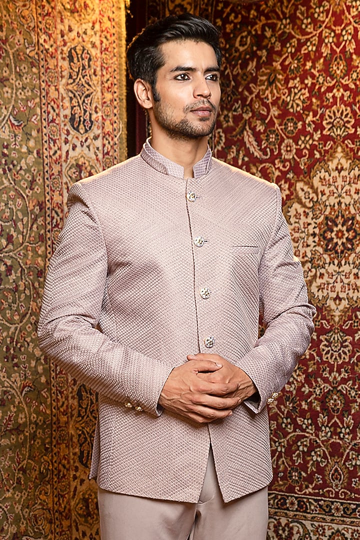 Fossil Dove Silk Embroidered Wedding Bandhgala Jacket Set by Ankur J Men at Pernia's Pop Up Shop