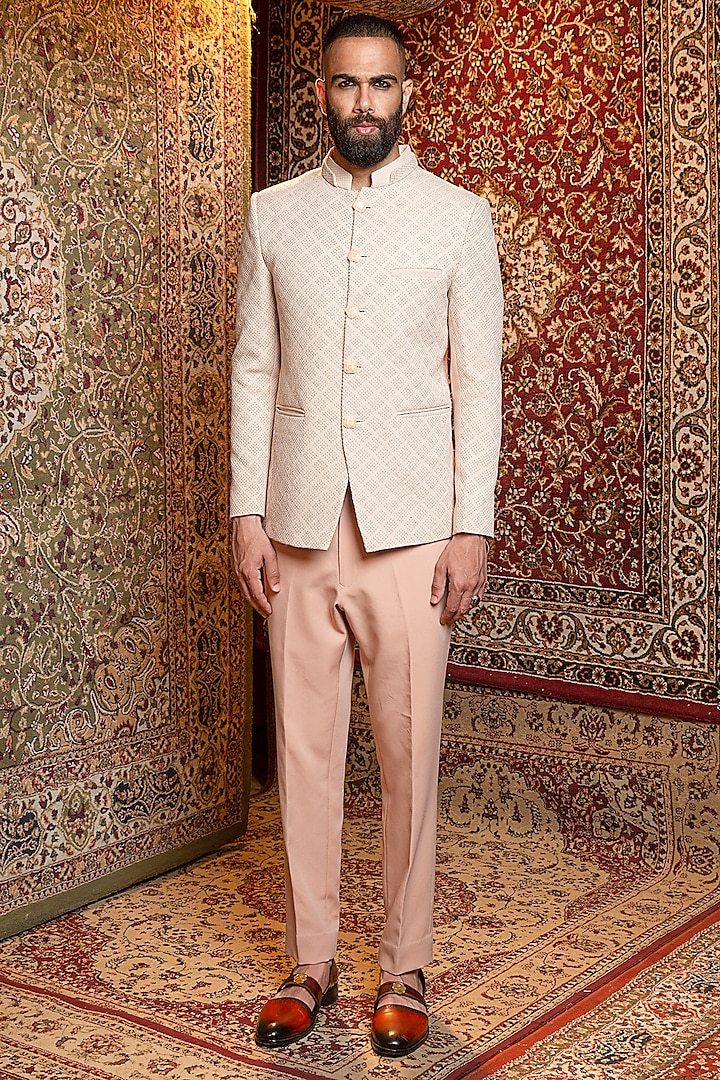 Blush Pink Silk Embroidered Bandhgala Jacket Set by Ankur J Men