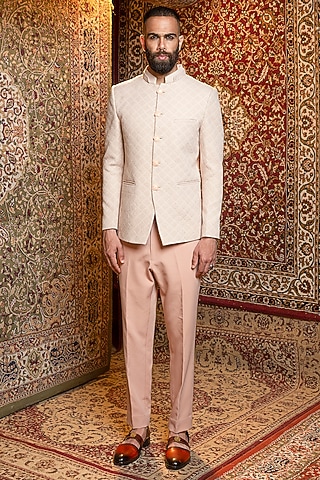 Blush Pink Silk Embroidered Bandhgala Jacket Set by Ankur J Men