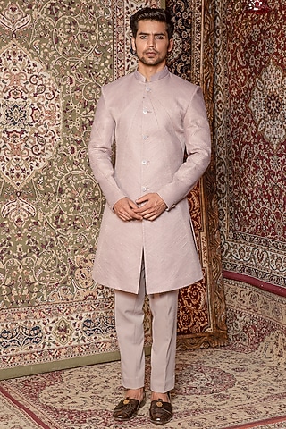 Fossil Dove Silk Embroidered Indo Western Jacket Set by Ankur J Men