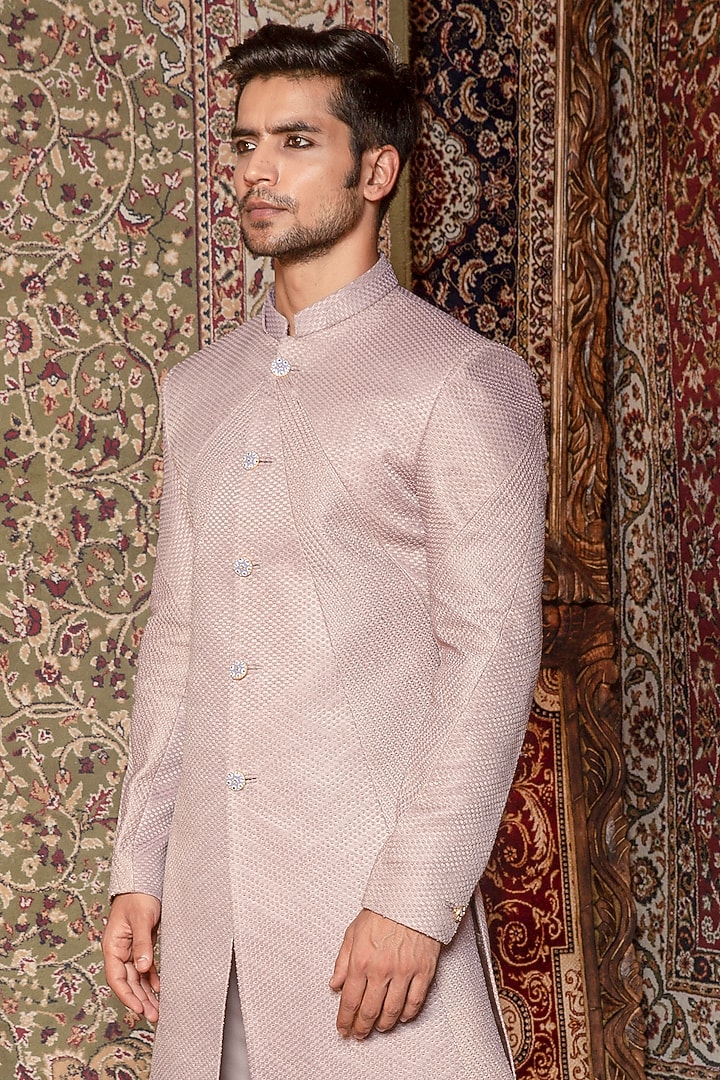 Fossil Dove Silk Embroidered Indo Western Jacket Set by Ankur J Men at Pernia's Pop Up Shop