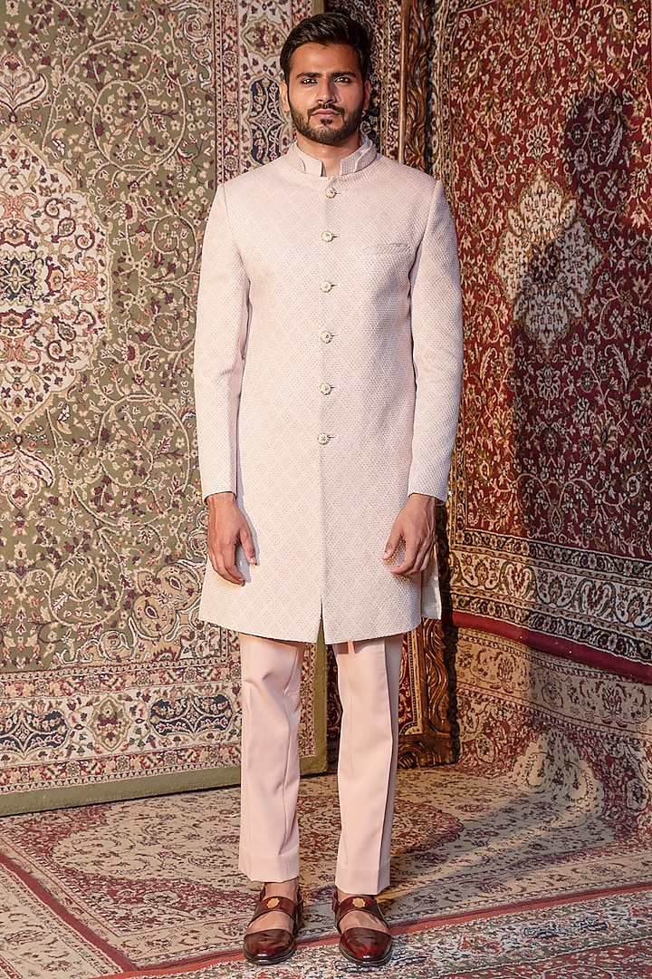 Blush Pink Silk Embroidered Indo Western Jacket Set by Ankur J Men