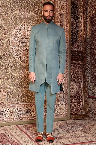 Pine Silk Embroidered Indo Western Jacket Set by Ankur J Men