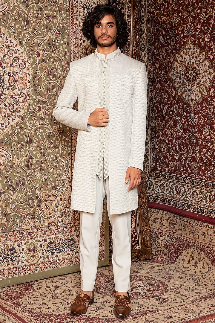 White Silk Embroidered Indo Western Jacket Set by Ankur J Men