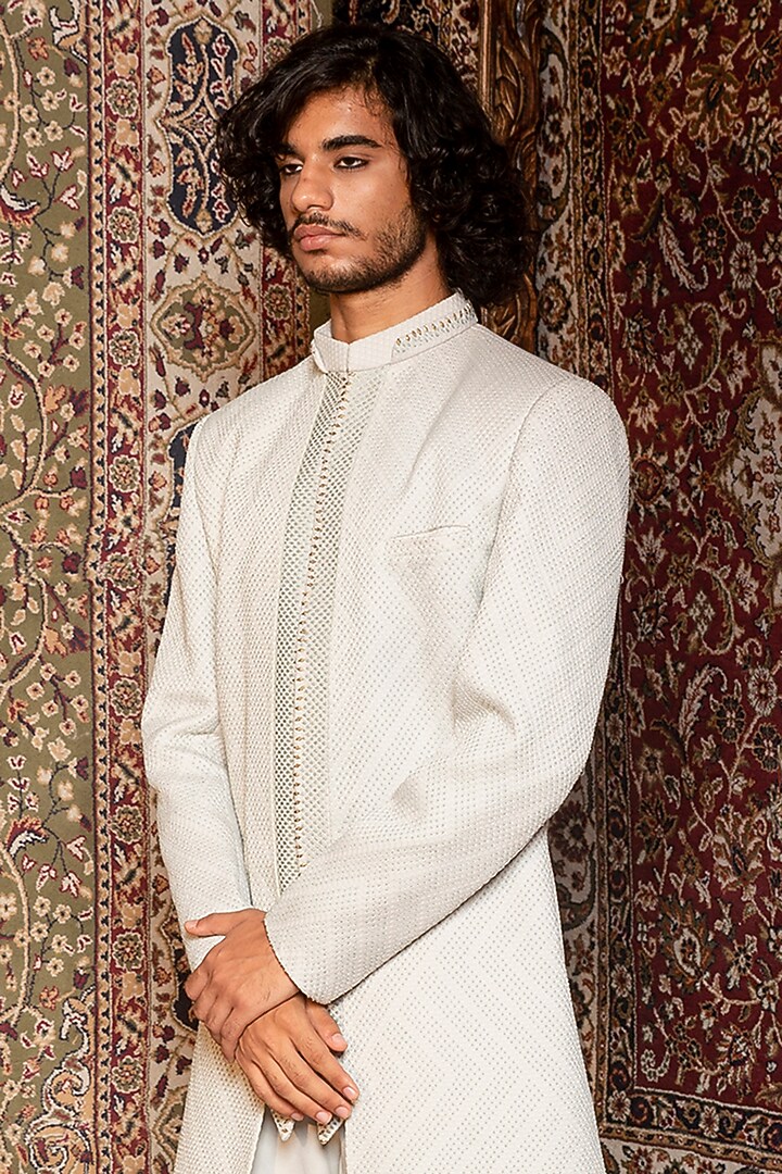White Silk Embroidered Indo Western Jacket Set by Ankur J Men at Pernia's Pop Up Shop