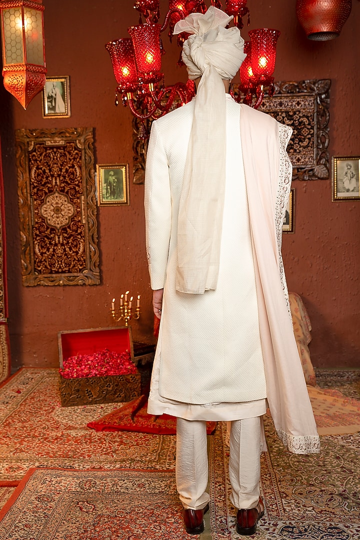 Ivory Silk Embroidered Groom Sherwani Set by Ankur J Men at Pernia's Pop Up Shop