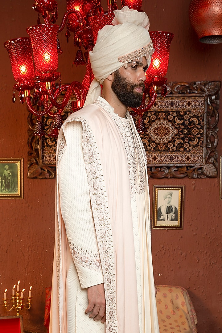 Ivory Silk Embroidered Groom Sherwani Set by Ankur J Men at Pernia's Pop Up Shop
