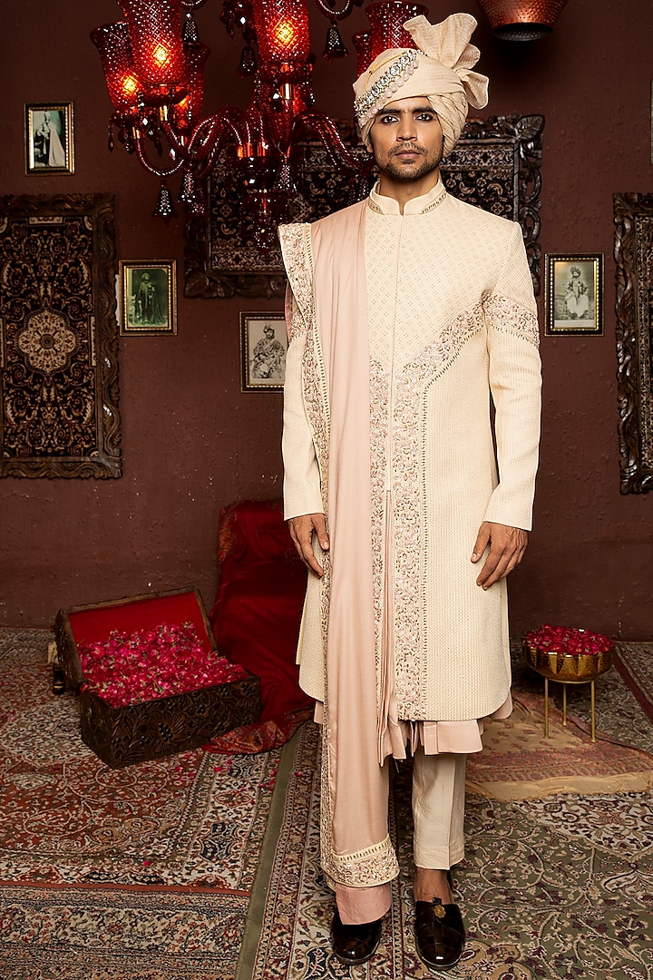 Peach Silk Embroidered Sherwani Set by Ankur J Men