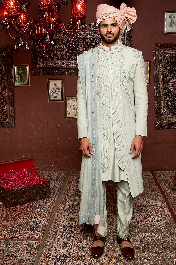 Powder Blue Silk Embroidered Sherwani Set by Ankur J Men