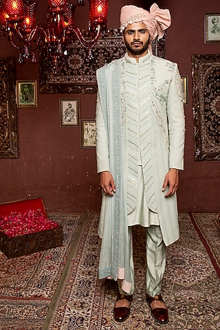 Powder Blue Silk Embroidered Sherwani Set by Ankur J Men