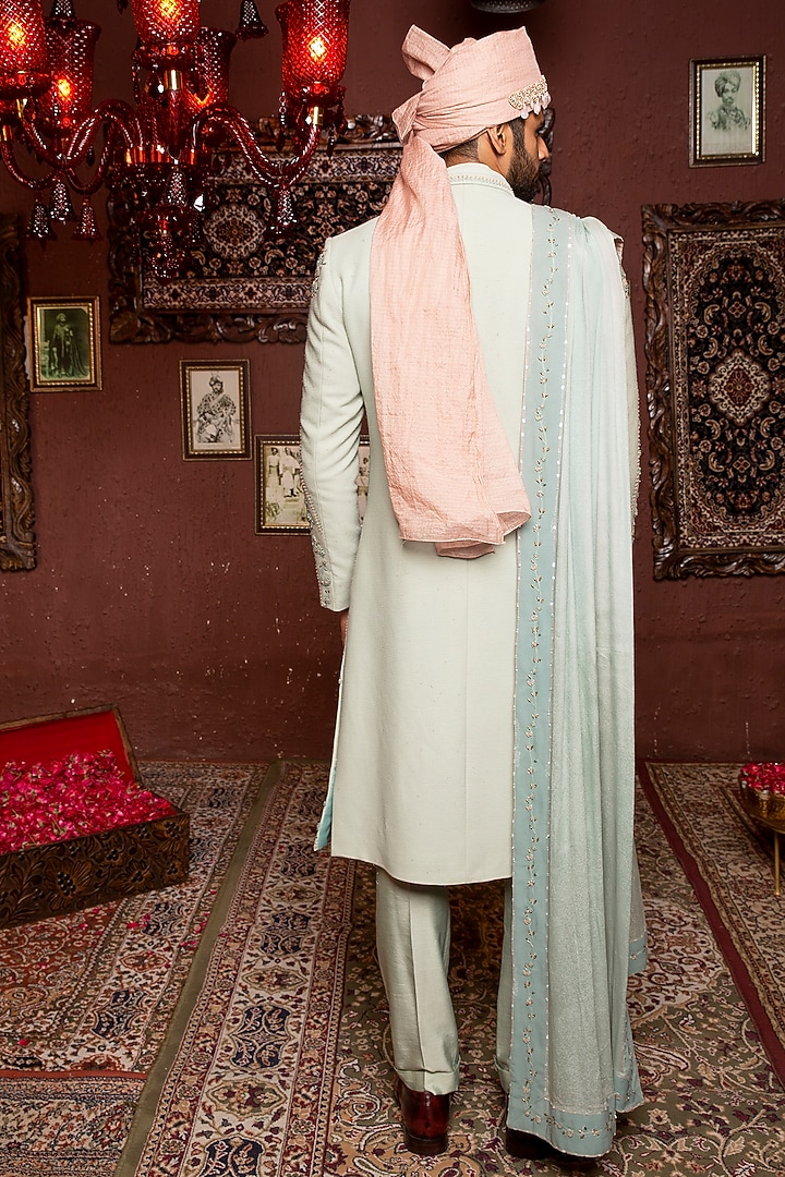 Powder Blue Silk Embroidered Groom Sherwani Set by Ankur J Men at Pernia's Pop Up Shop