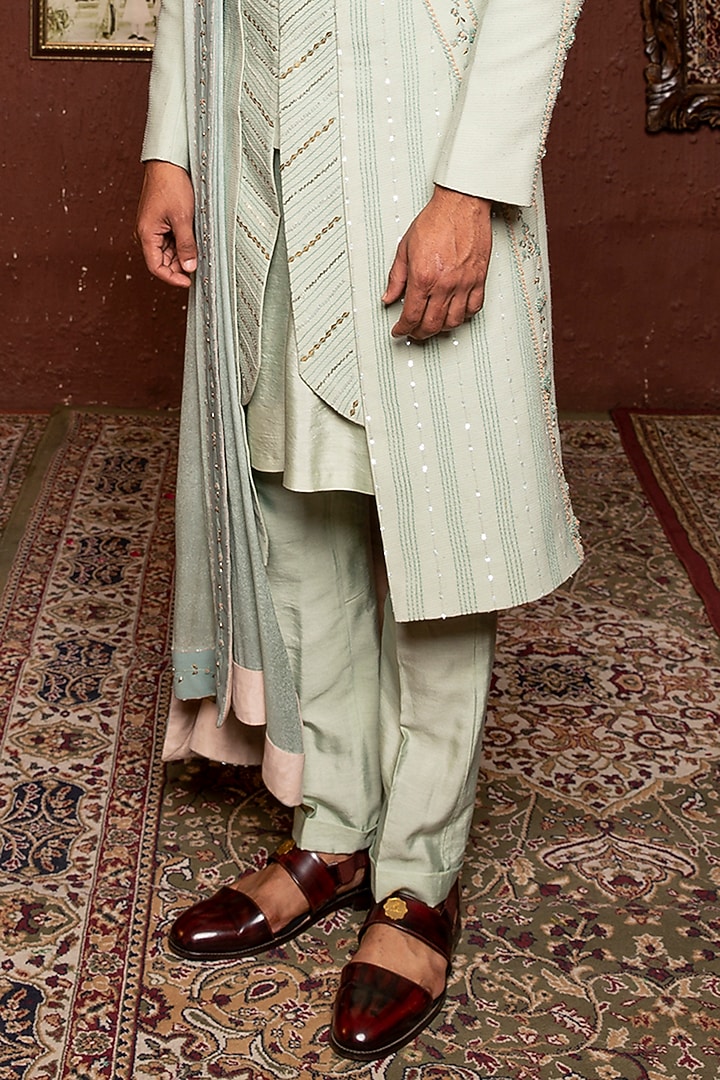 Powder Blue Silk Embroidered Groom Sherwani Set by Ankur J Men at Pernia's Pop Up Shop