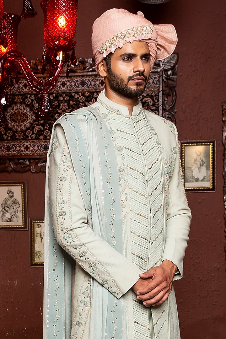 Powder Blue Silk Embroidered Groom Sherwani Set by Ankur J Men at Pernia's Pop Up Shop