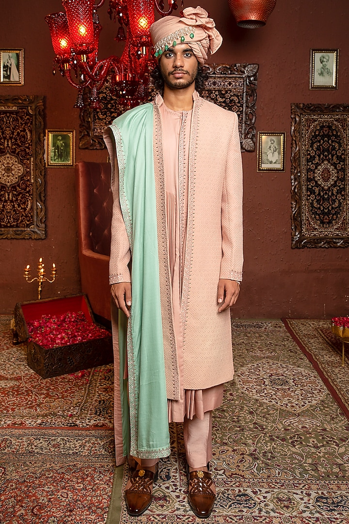 Brunt Peach Silk Embroidered Indowestern Set by Ankur J Men