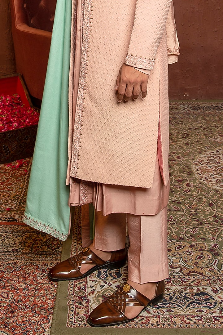 Brunt Peach Silk Embroidered Groom Indowestern Set by Ankur J Men at Pernia's Pop Up Shop