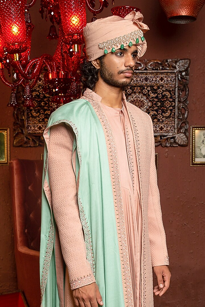 Brunt Peach Silk Embroidered Groom Indowestern Set by Ankur J Men at Pernia's Pop Up Shop