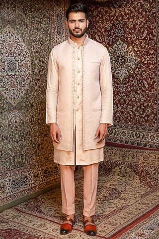 Blush Pink Silk Indo-Western Set by Ankur J Men
