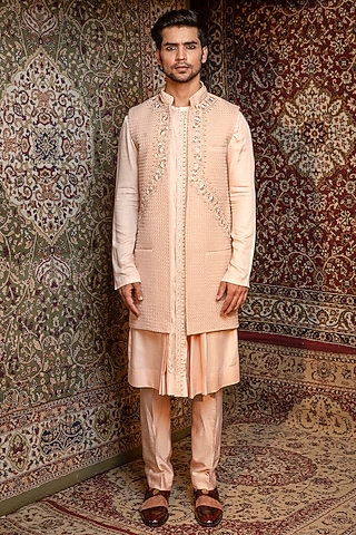 Peach Silk Indo-Western Jacket Set by Ankur J Men