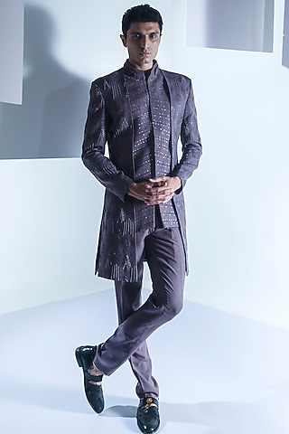 Ash Violet Moss Crepe Embroidered Indowestern Set by Ankur J Men
