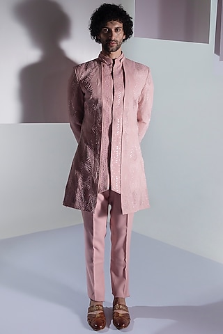 Blush Pink Moss Crepe Embroidered Indowestern Set by Ankur J Men