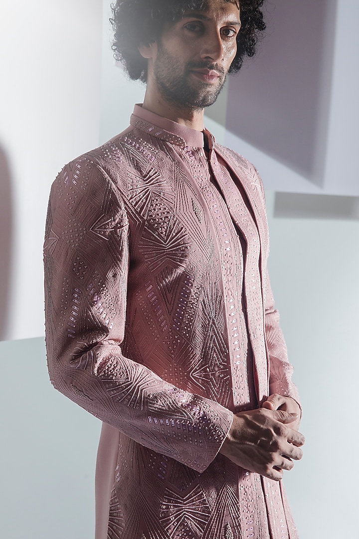 Blush Pink Moss Crepe Embroidered Wedding Indowestern Set by Ankur J Men at Pernia's Pop Up Shop