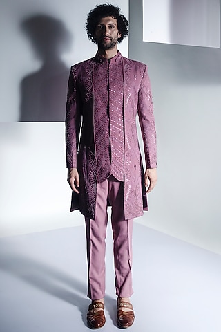 Burnt Pink Moss Crepe Embroidered Indowestern Set by Ankur J Men